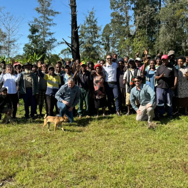 SPMC management and team members with community members at the Ontenu Prospect, Osena Project, May 22, 2024.